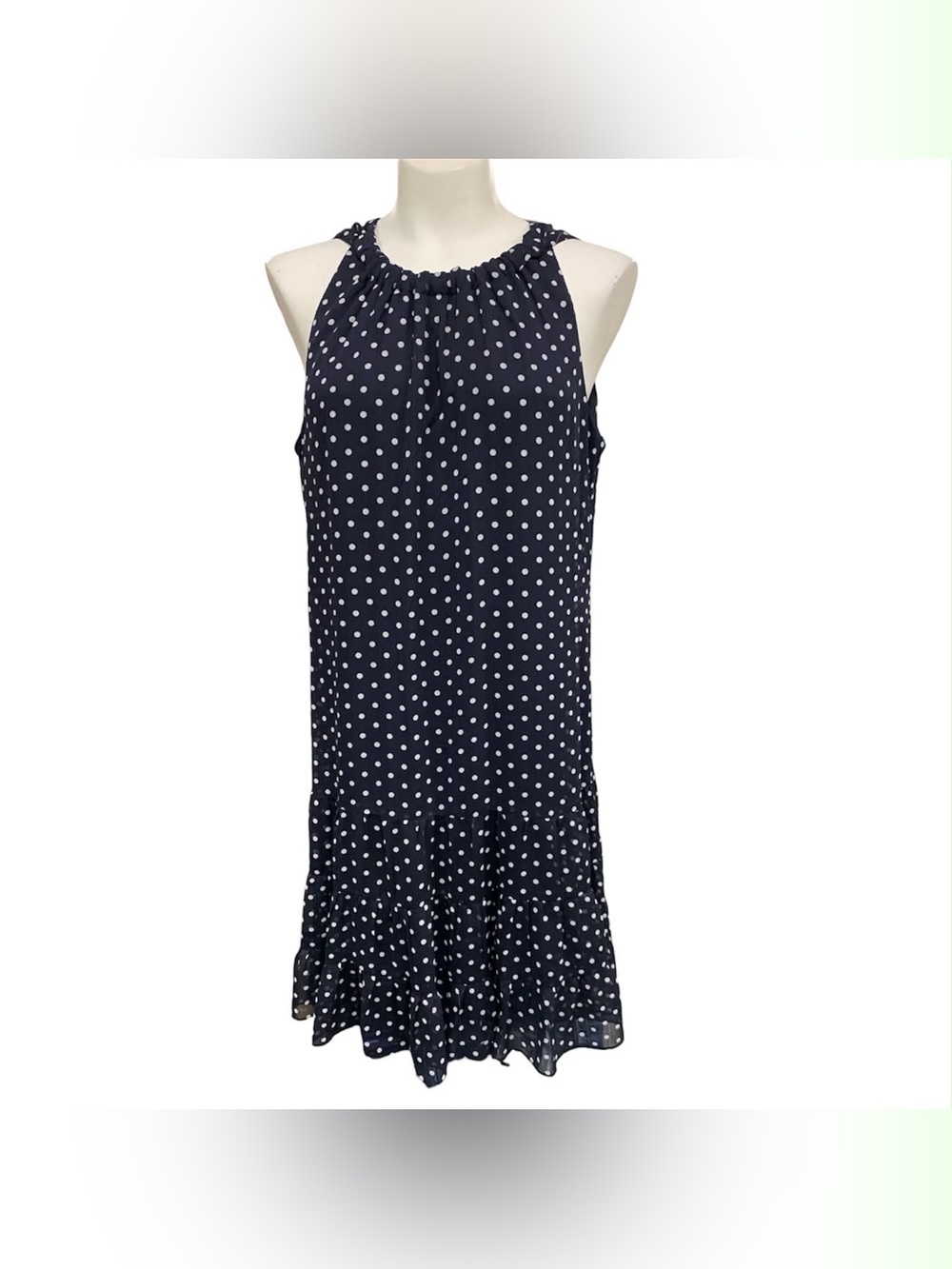 MSK Navy Polka Dot Sleeveless Ruffle-Hem Dress Size L